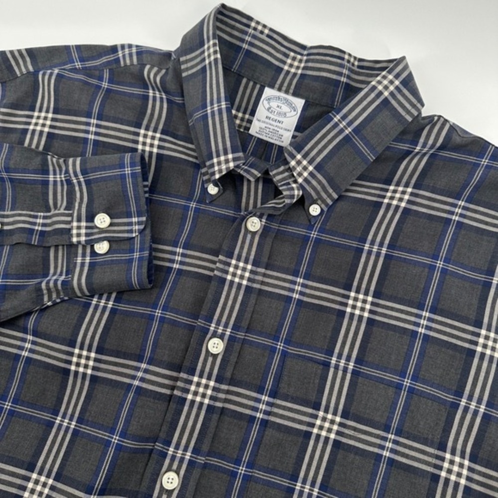 Brooks Brothers Regent Shirt‎ XL Grey Blue Plaid Supima Cotton Button Down